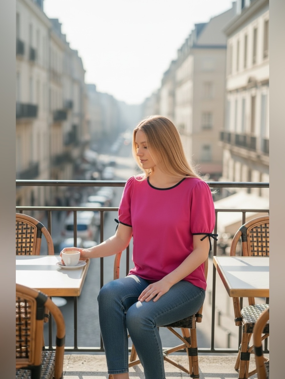 Yves Saint Laurent Pink Puff Sleeve Tee with Black Trim